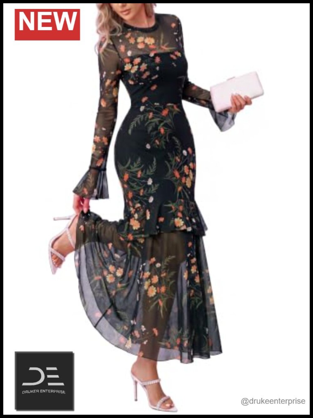 Elegant Mesh Long Sleeve Maxi Wedding Guest Dress Crew Neck Flowy Semi-Formal